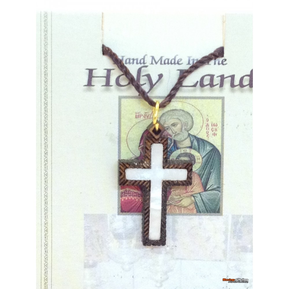 Olive Wood And Mother of Pearl Cross-Pendant