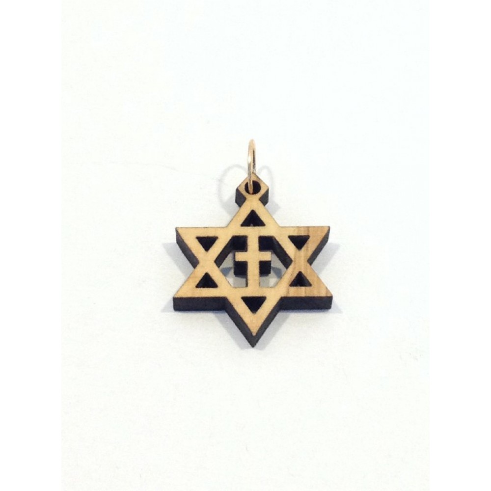 Olive Wood Star of David with Cross Pendant