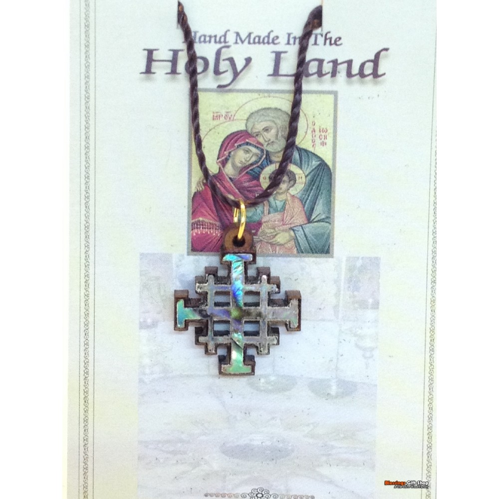 Olive Wood And Mother of Pearl Jerusalem Cross-Pendant